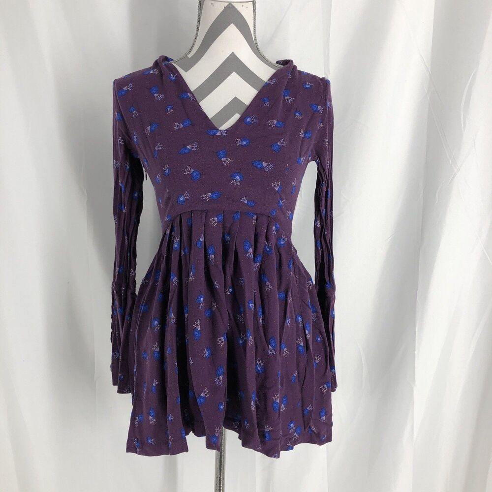 Free People Women's Purple Long Sleeve Boho Short Dress Size 2